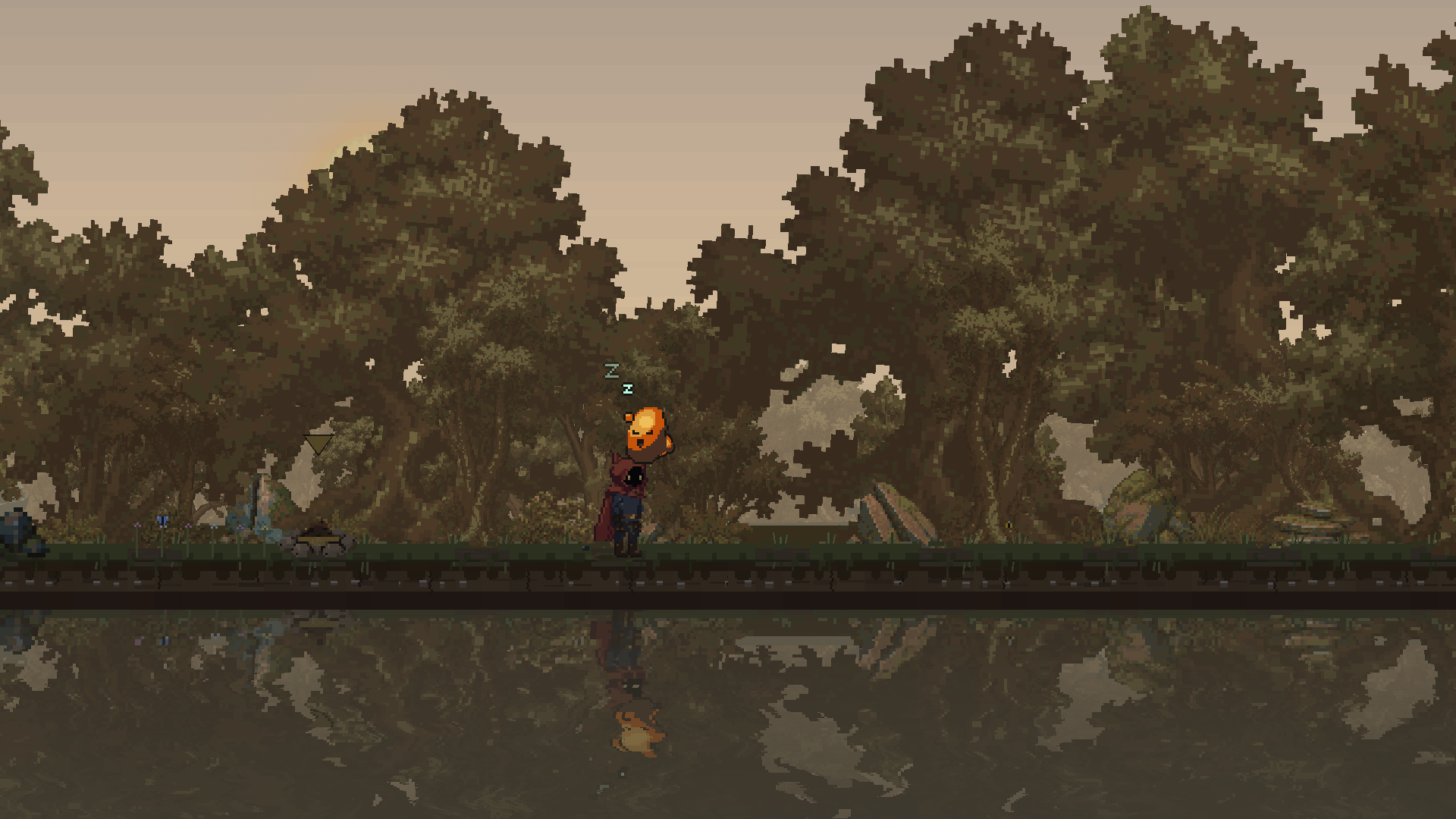 The fox-eared wanderer beside a quiet forest and its reflection